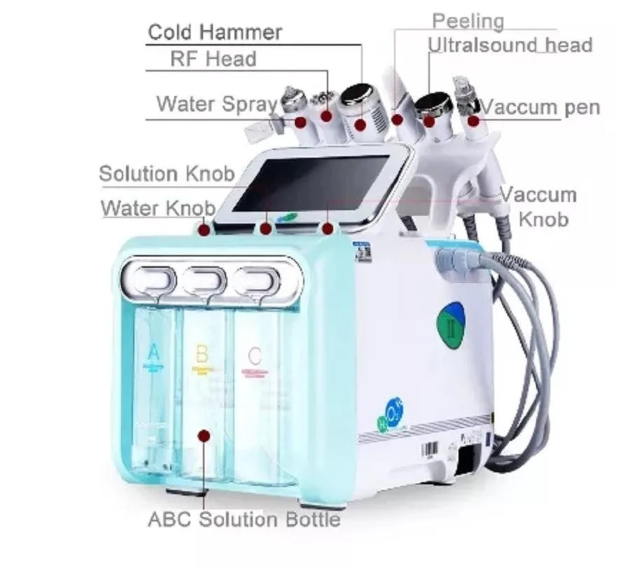 7-in-1 hydro facial machine with RF, ultrasonic, vacuum, and solution bottles for deep skin cleansing and lifting.