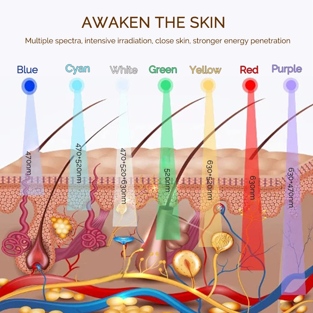 Diagram showing seven colors of light (blue, cyan, white, green, yellow, red, purple) penetrating human skin layers.
