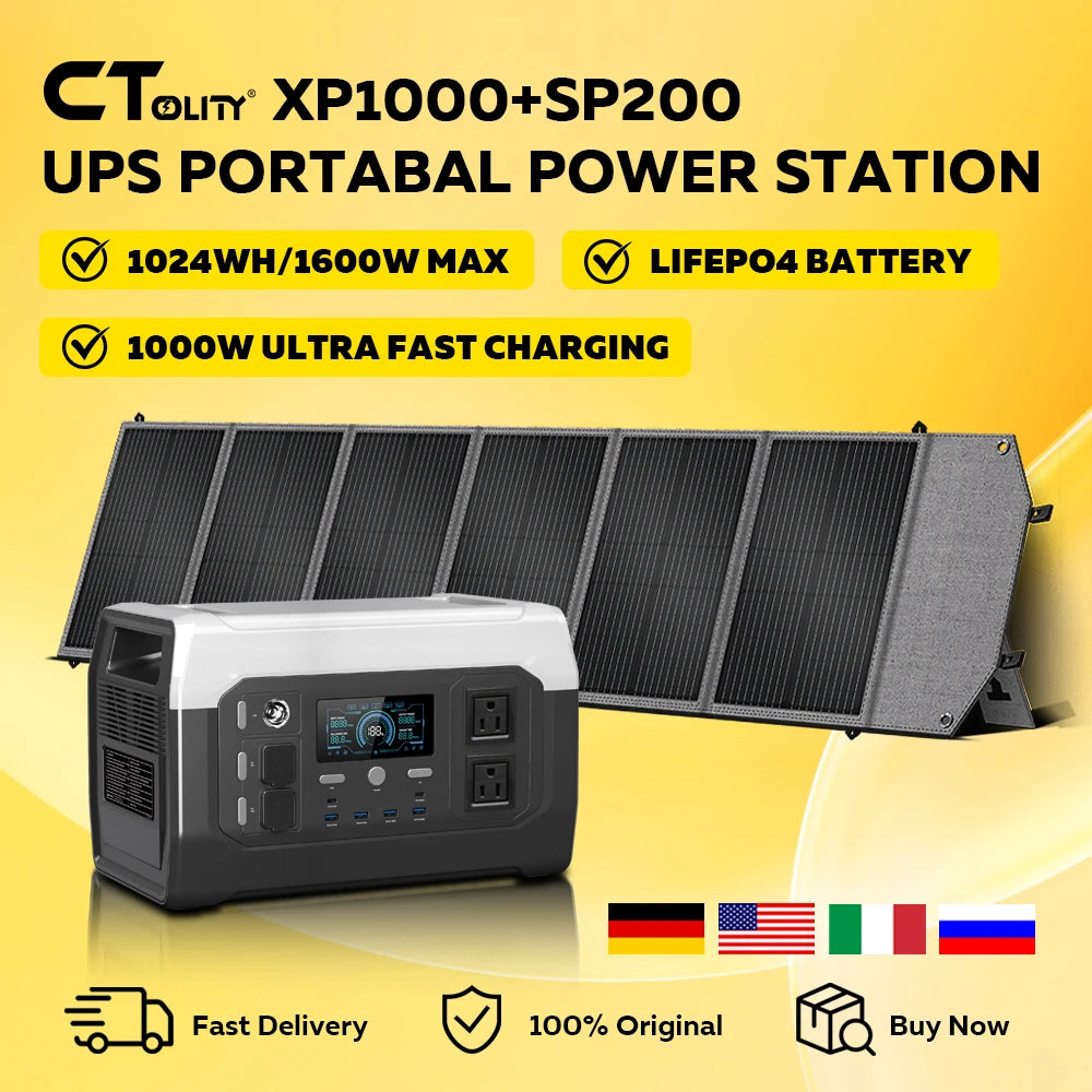 CTOLITY XP1000 1600W Portable Power Station 1024Wh Lifepo4 Battery & 200W Foldable Solar Panel Waterproof US EU Warehouse Shipping