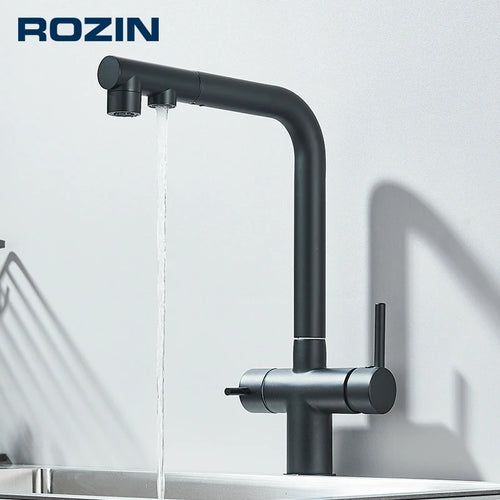 Black kitchen water purifier faucet with pull-down spout, running water stream