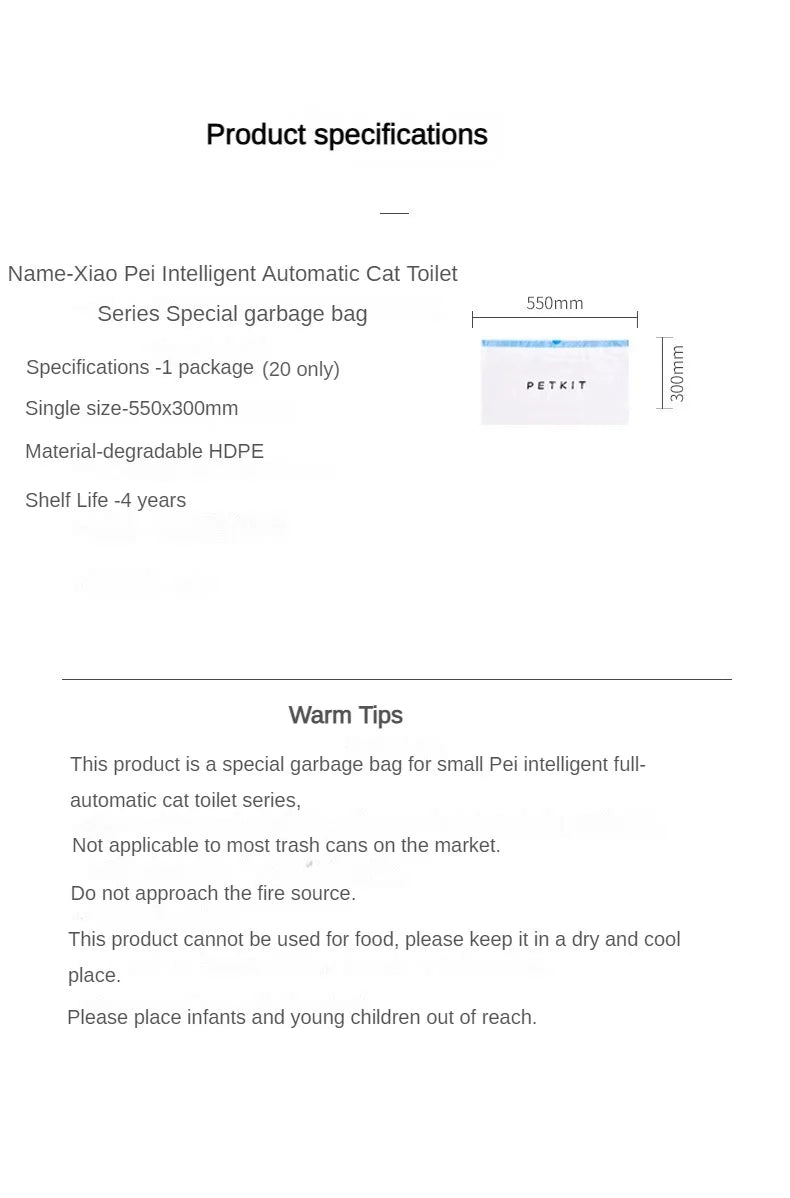 PETKIT degradable HDPE cat litter trash bags for automatic toilets. Large 550x300mm refill liners for easy pet cleaning.