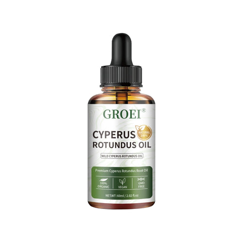 GROEI Cyperus rotundus oil bottle with black dropper cap, amber glass