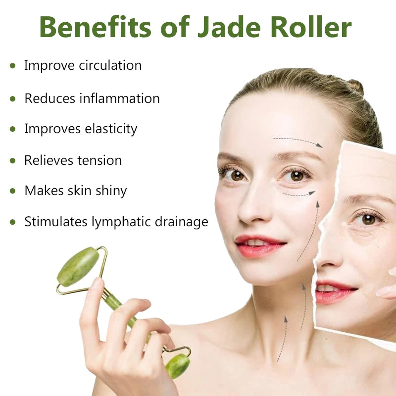 A woman holds a green jade facial roller, with text listing beauty benefits and arrows showing massage directions.