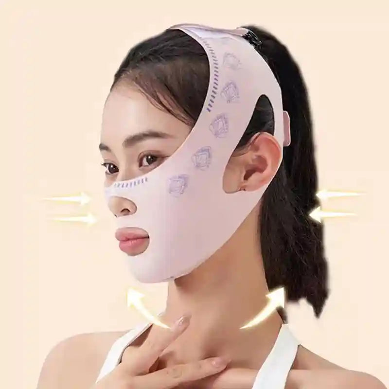 A woman wearing a pale pink, patterned face-sculpting bandage that wraps around the chin and cheeks.