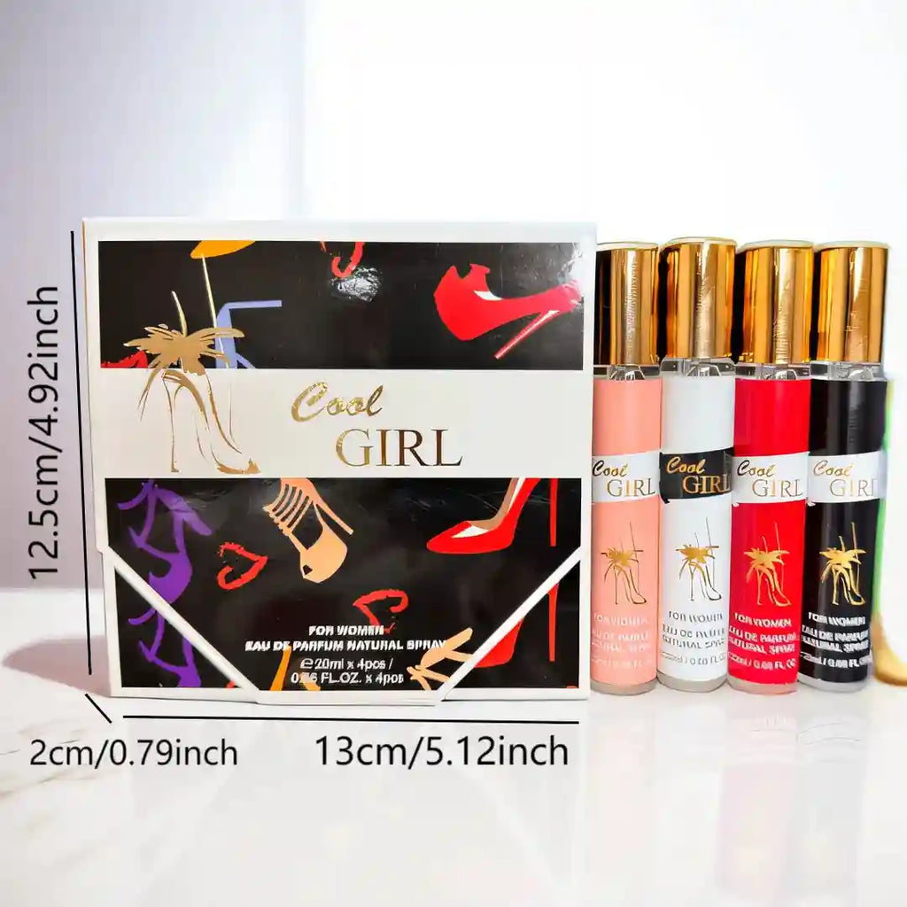 Cool Girl EDP perfume gift set for women: 4 slim travel spray bottles in a stylish illustrated box, perfect for gifting.
