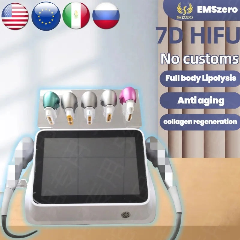 Professional 7D beauty machine with touch screen, handheld wands, and five colored treatment cartridges on a stand.