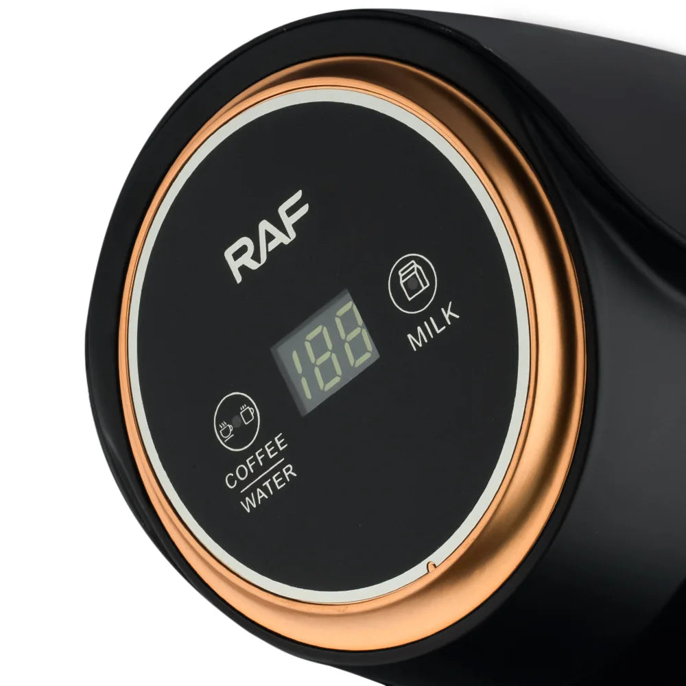RAF digital coffee and milk heater with black and gold finish, featuring touch controls and temperature display.