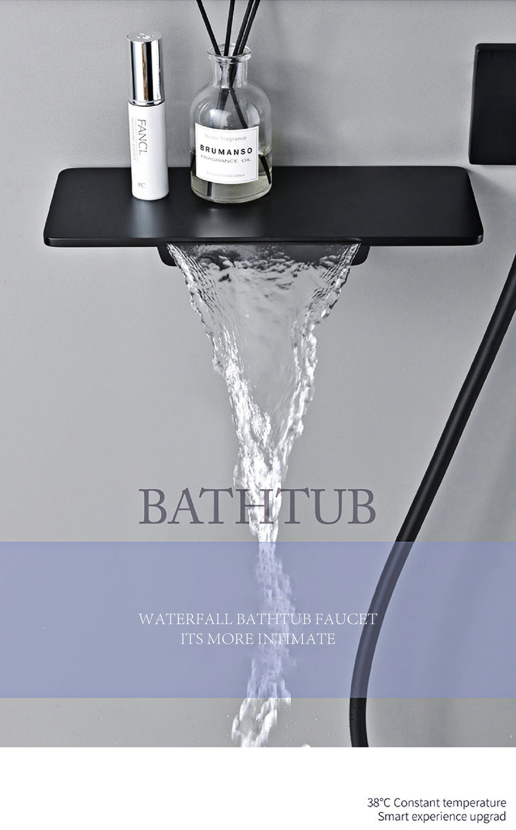Modern Black Brass Bathroom Thermostatic Ceiling Type Shower System Wall-Mounted 3-Function Waterfall Tap for Cold & Hot Wate