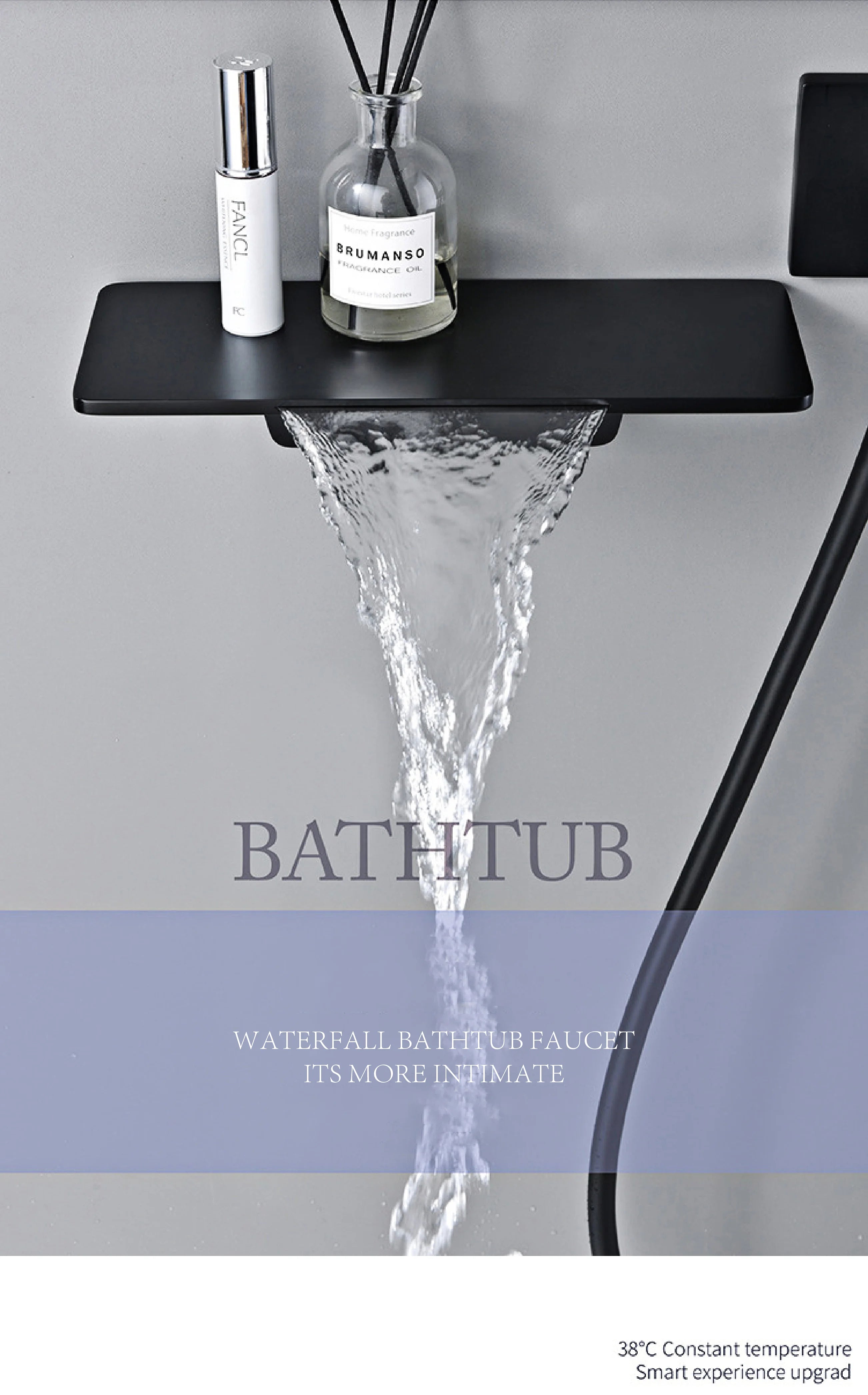 Modern Black Brass Bathroom Thermostatic Ceiling Type Shower System Wall-Mounted 3-Function Waterfall Tap for Cold & Hot Wate