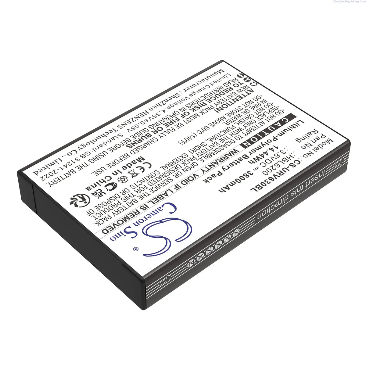 Barcode scanner battery pack with printed label and blue logo, rectangular black housing