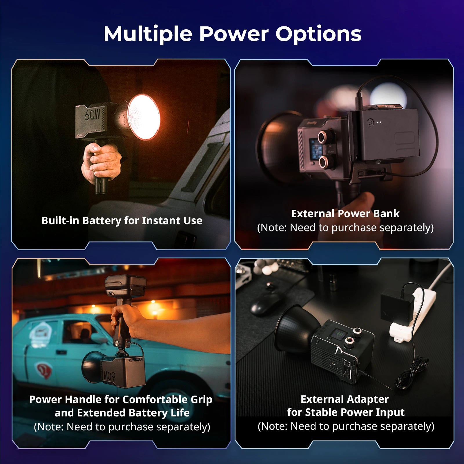 60W portable LED video light powered by built-in battery, external power bank, power handle, or wall adapter.
