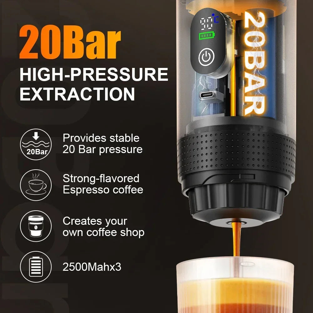 Portable 20-bar espresso maker in black with digital temperature display, USB-C charging, and 7500mAh battery.