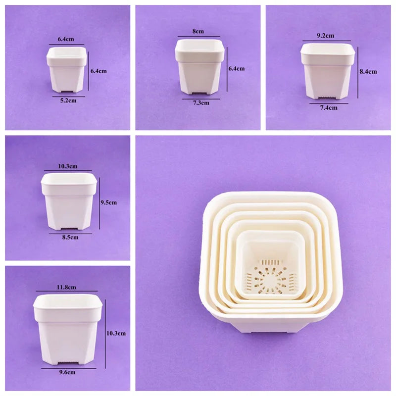 Square flower pots in multiple sizes, thick plastic nursery planters for succulents