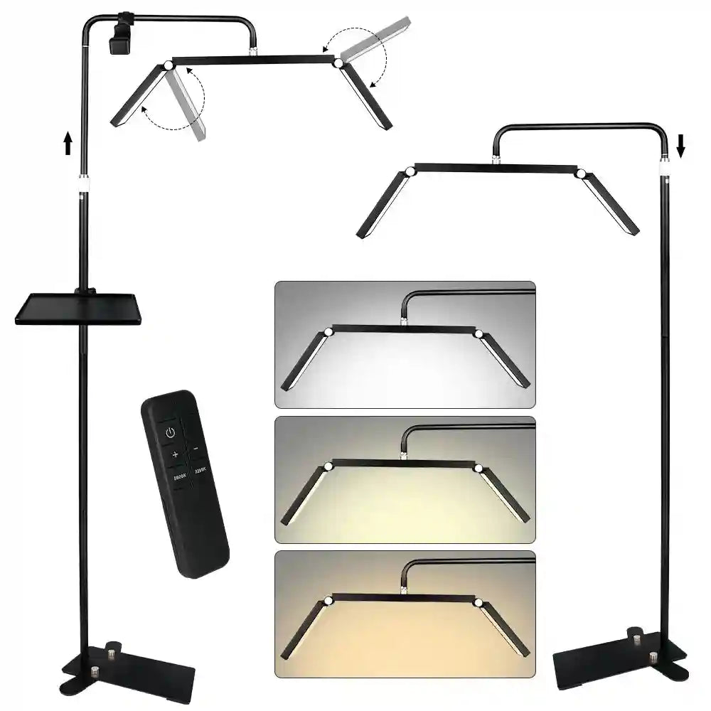 Adjustable black LED floor lamp with a phone holder, tray, remote control, and rotating light panels for task lighting.