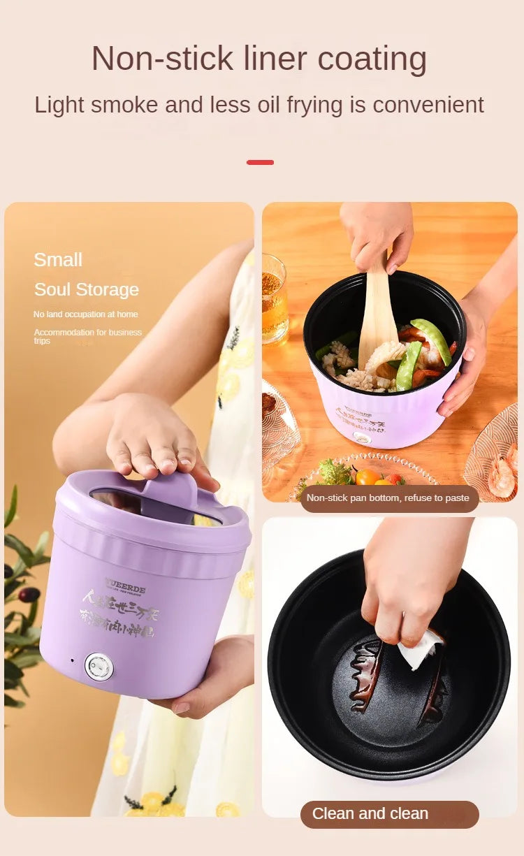 Purple non-stick inner pot with lid and handle, designed for easy cleaning
