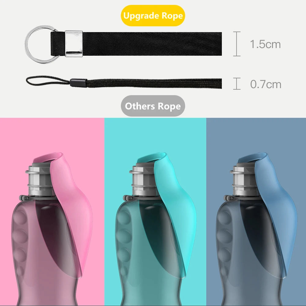 800ml portable dog water bottle for travel with upgraded carrying strap for easy outdoor hydration for pets.