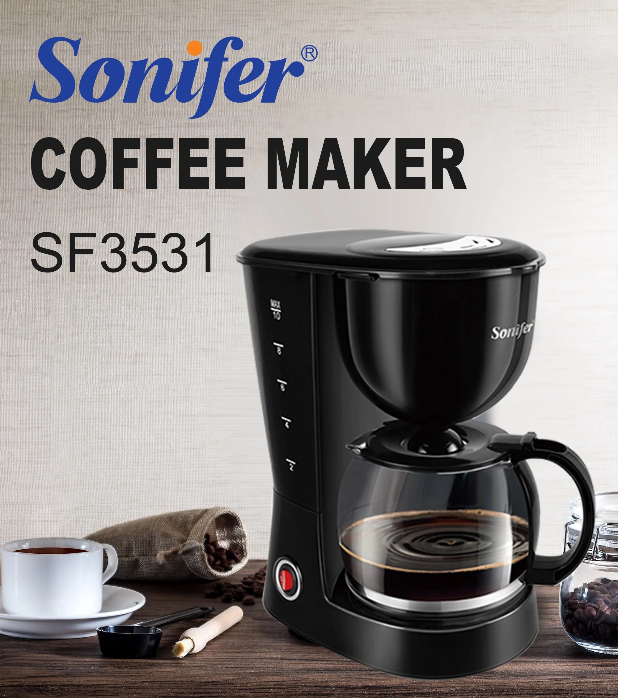 Sonifer SF3531 10-cup black plastic drip coffee maker with glass carafe and red power switch on wooden table.