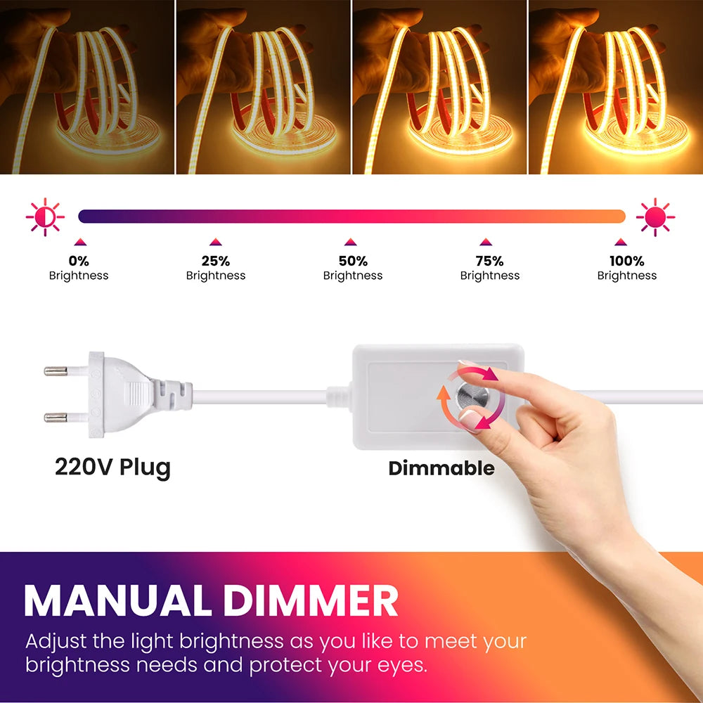 220V 10 Colors Dimmable COB LED Strip Light 240 LEDs Flexible Tape Dimmer EU Power Plug Kit TV Night Lights Home Linear Lighting