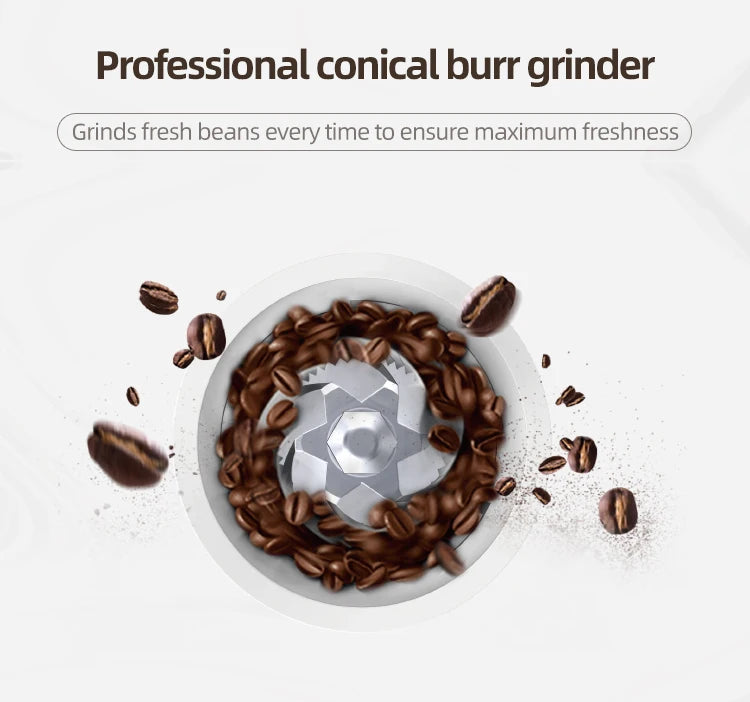Top-down view of a white professional conical burr coffee grinder with stainless steel blades grinding coffee beans.