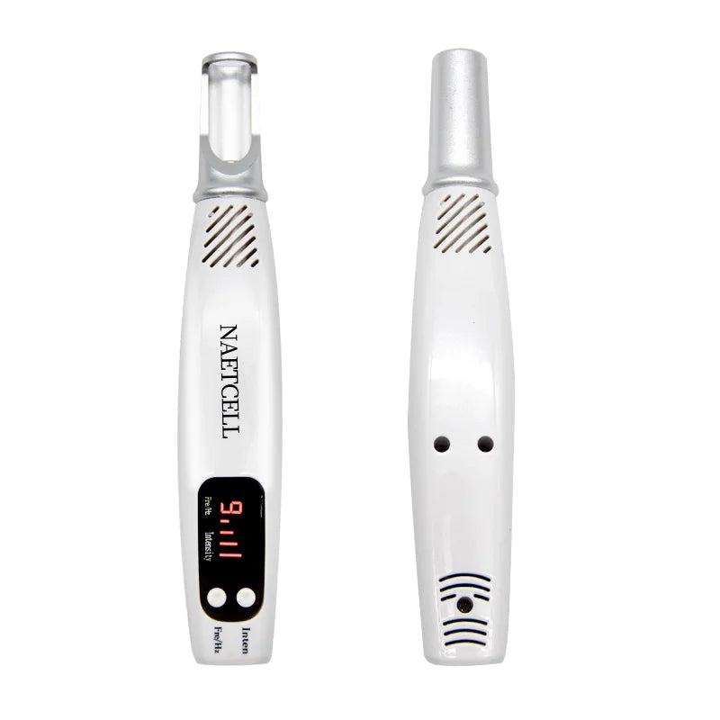 White handheld picosecond laser pen for tattoo removal, acne, and dark spot skin treatment with digital LCD display.