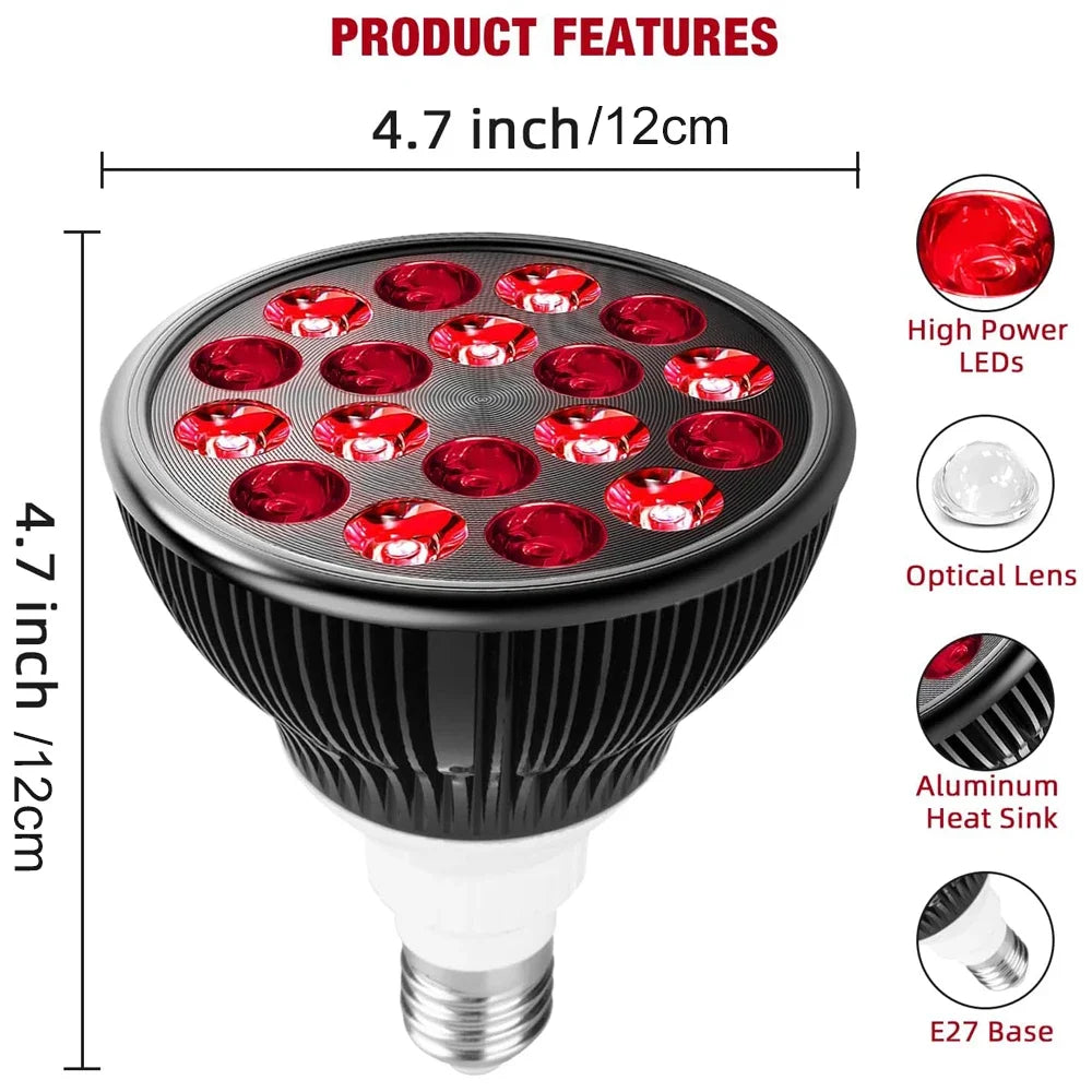 Red light therapy bulb with high-power 660nm/850nm LEDs, optical lenses, aluminum heat sink, and E27 base, 4.7 inches.
