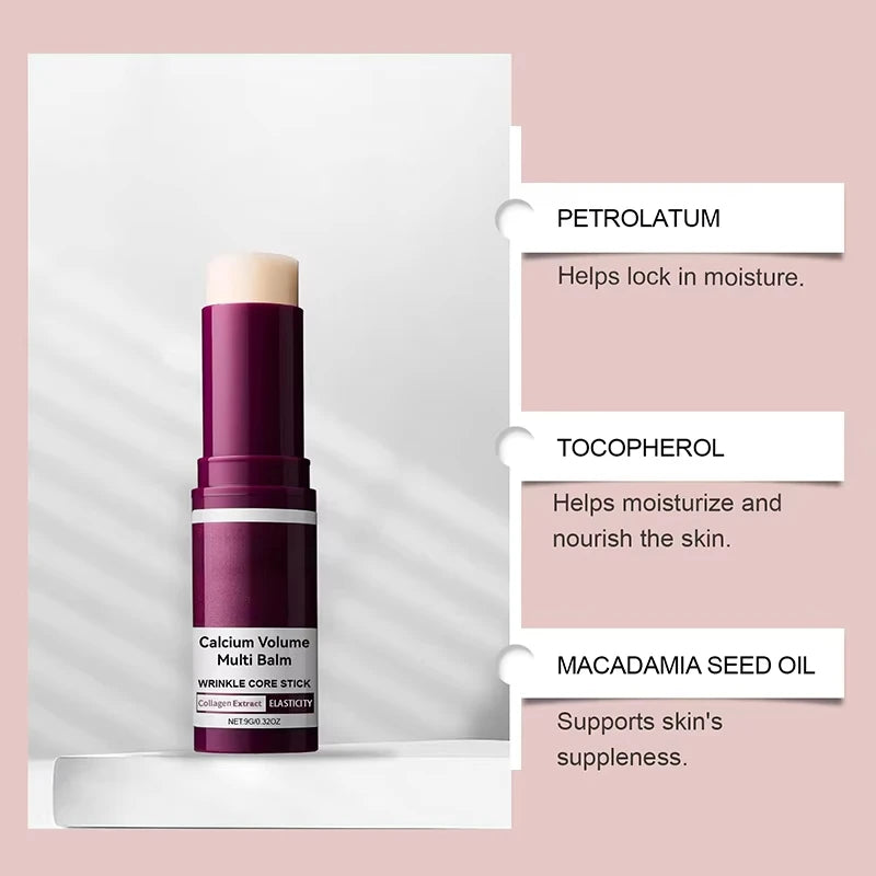 Calcium Volume Multi Balm stick in a deep purple tube with a white label, shown with three ingredient text callouts.