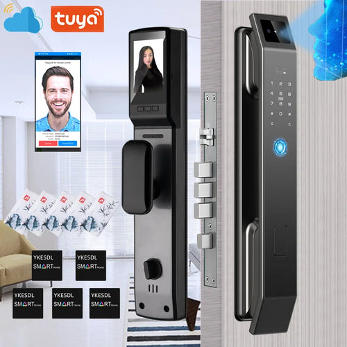 3D face recognition door lock with keypad, camera screen, and biometric sensor