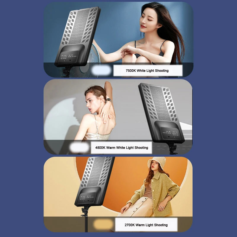 Black rectangular LED studio light panel on a stand, showing various color temperature settings for portrait