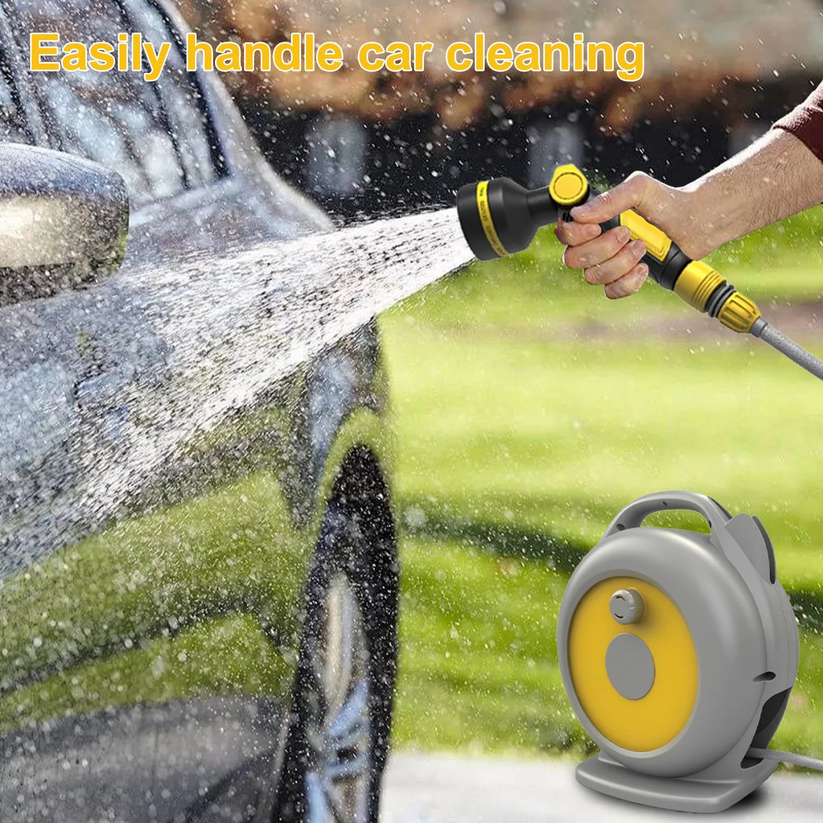 15M Auto Retractable Garden Hose Reel Full Surround Protective Water Pipe Cart Quick Connect Sprayer Gun 10 Spray Modes Yard Irrigation Car Washing Hose Set