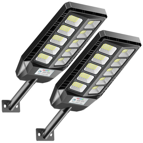 2-pack solar street light floodlights with LED panels and wall-mount brackets