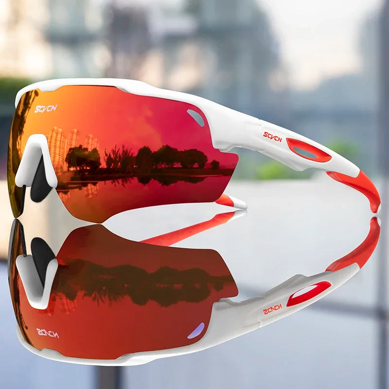 Cycling sunglasses with red reflective lens and white frame, black side protectors