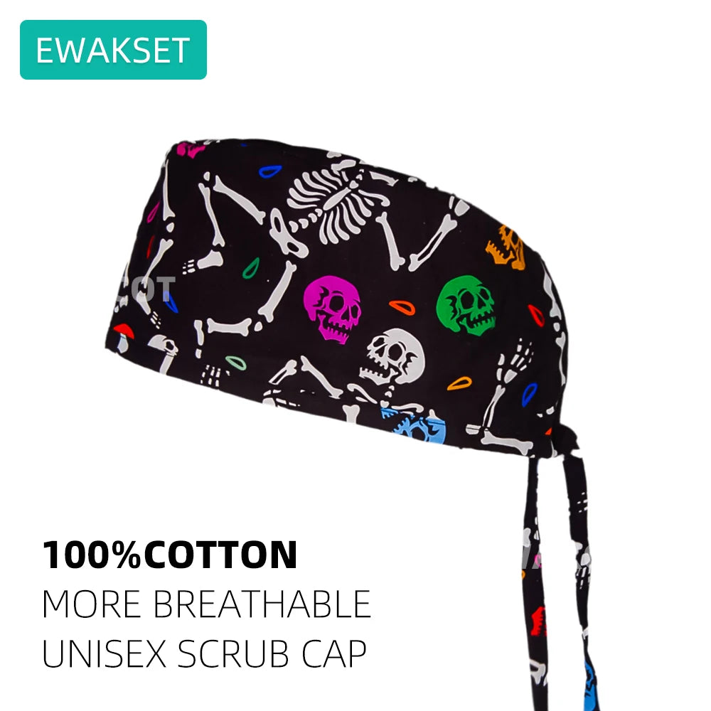 Adjustable black cotton scrub cap with colorful skull print for vet, nursing, and dental professionals. Breathable.