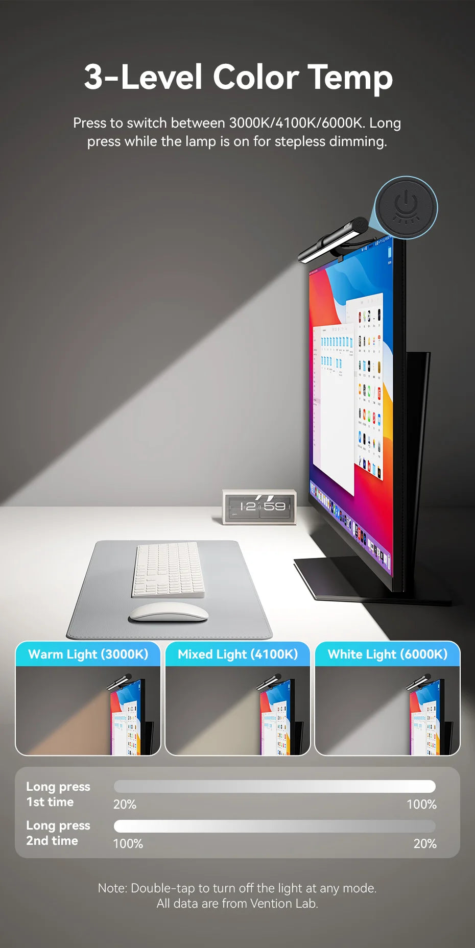 Vention LED Monitor Light Bar PC Laptop Screen Light Bar Hanging Eye Protection Asymmetric Light Source USB 3 Colour Read Lamp