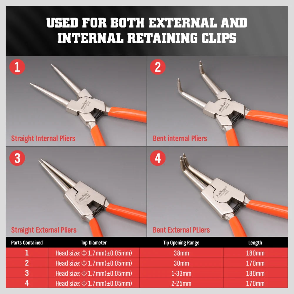 HORUSDY 4Pcs 7" Circlip Pliers Set Internal / External / Bent / Straight Ring Remove Tools