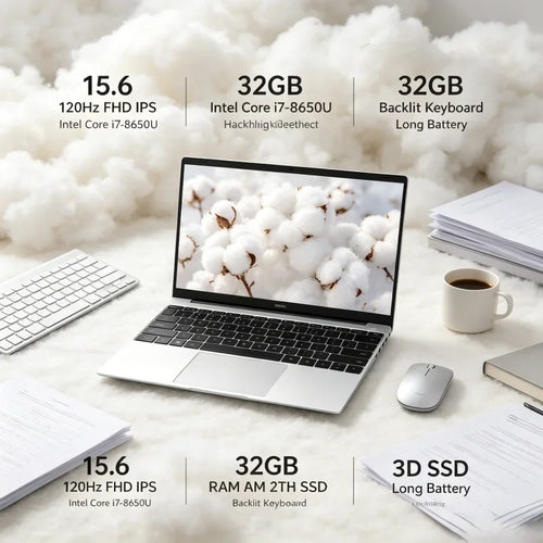 Silver 15.6-inch laptop with thin bezels, black keyboard, large trackpad, and side ports on a white cotton background.