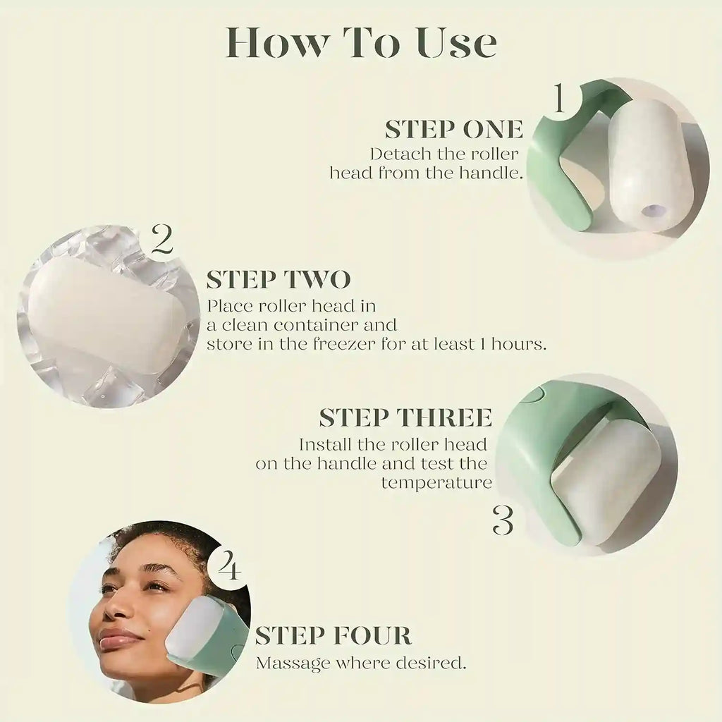 Instructional graphic showing steps to use a sage green facial ice roller with a detachable white cooling head.