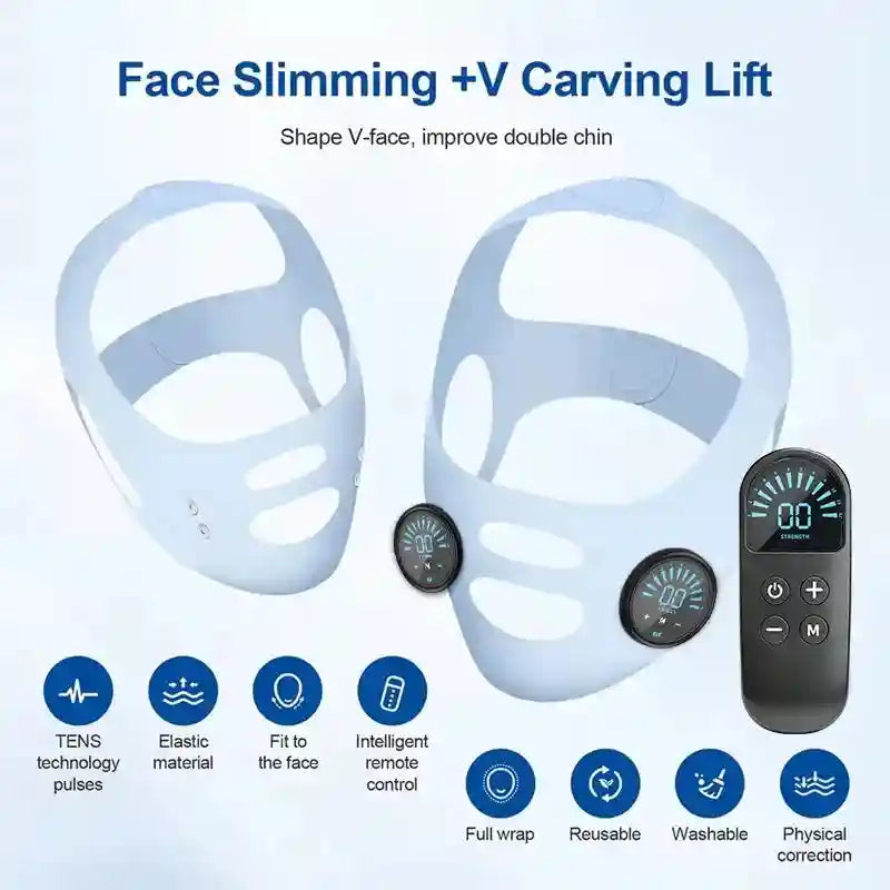 Light blue EMS facial lifting mask and remote control for V-line slimming and double chin reduction.