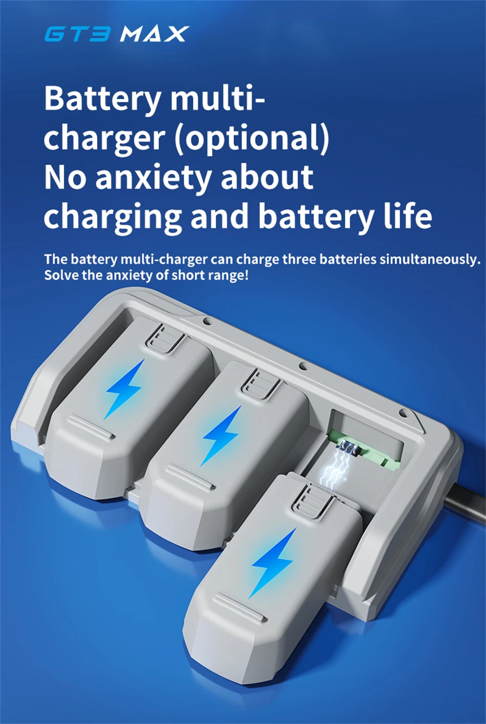 Gray triple battery charger station for charging three rectangular drone batteries simultaneously.