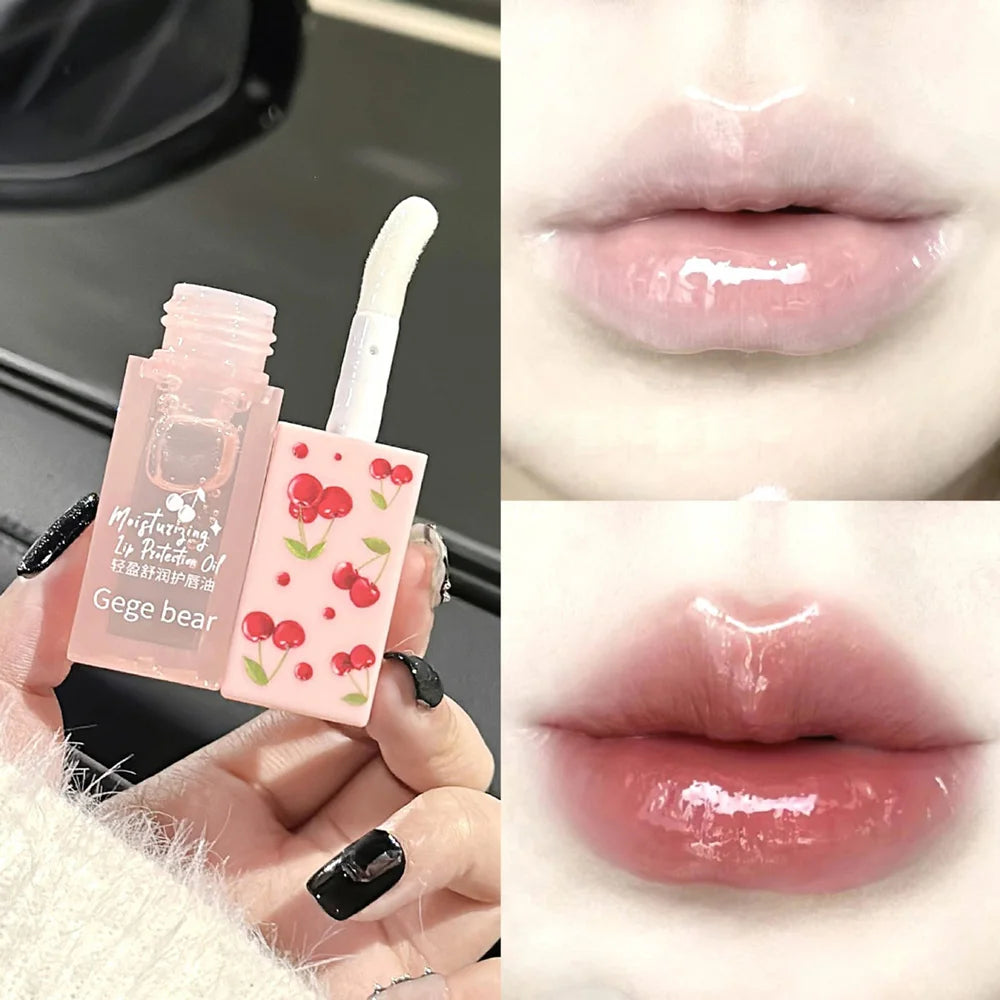 Gege Bear cherry lip oil in pink bottle with wand applicator creating a glossy, hydrating, and moisturizing finish.