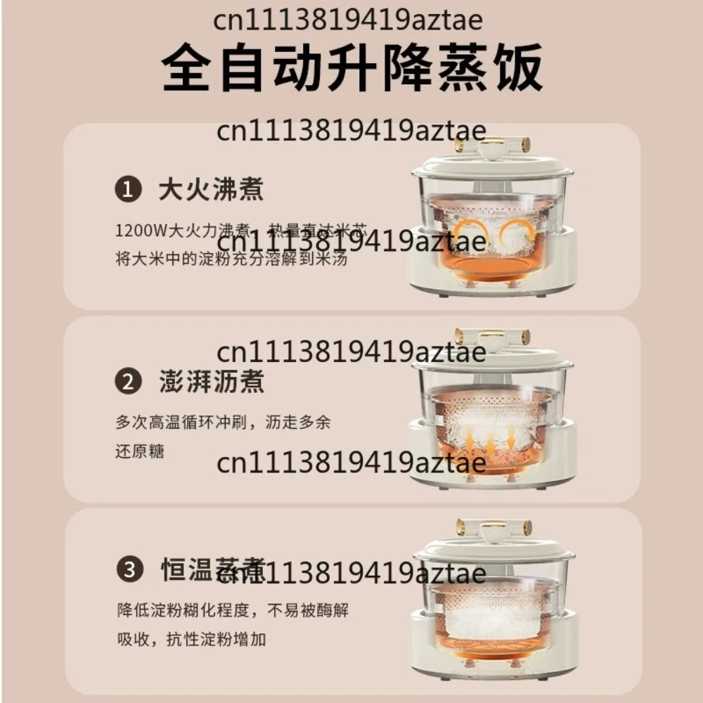 White automatic multi cooker shown in a three-mode feature chart with stainless pot