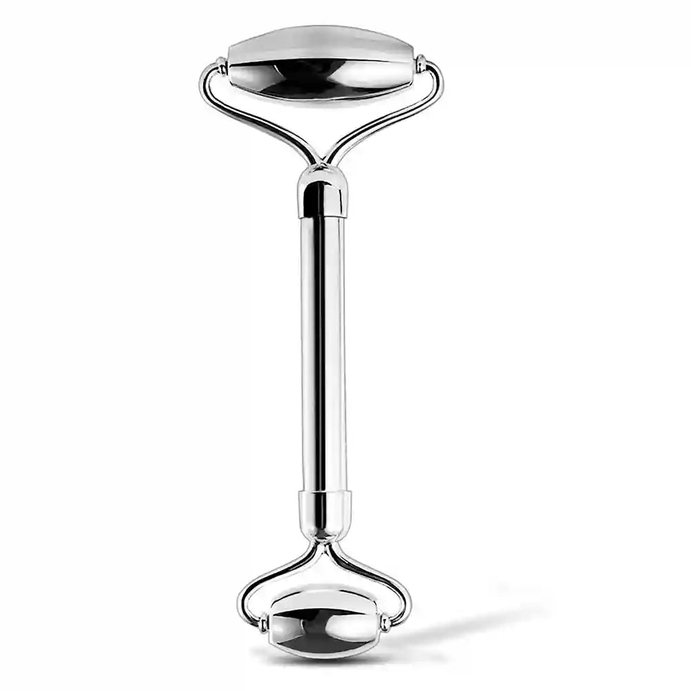Dual-ended facial roller made of shiny, silver-colored stainless steel with a smooth, ergonomic metal handle.
