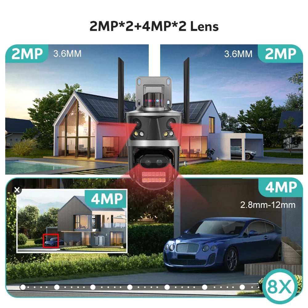 Wifi Camera Outdoor PTZ 4 Lens 4 Screen 8X Hybrid Zoom AI Auto Tracking Linkage Video Bluetooth Security Camera IP iCSee APP