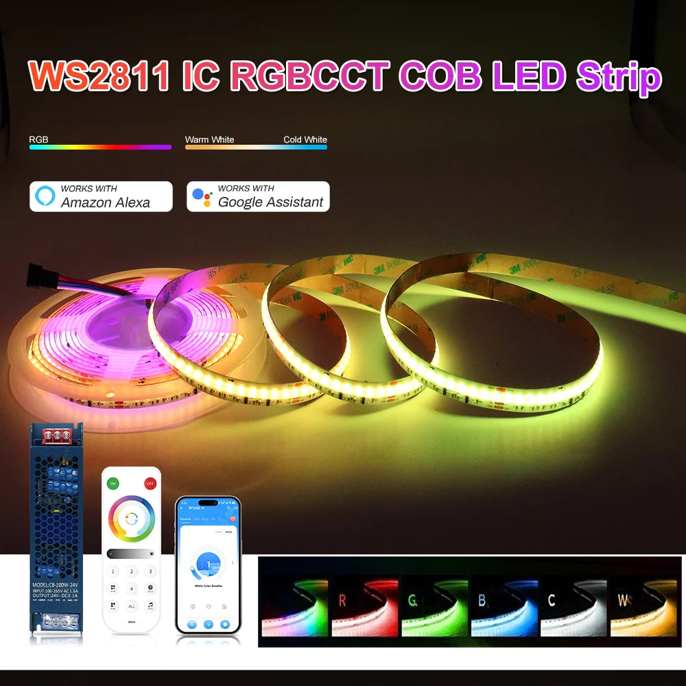 WS2811 Dual IC RGBCCT COB LED Strip Light High Density Chasing Running Addressable RGB LED Tape Support 3000K-6000K CCT Dimmable