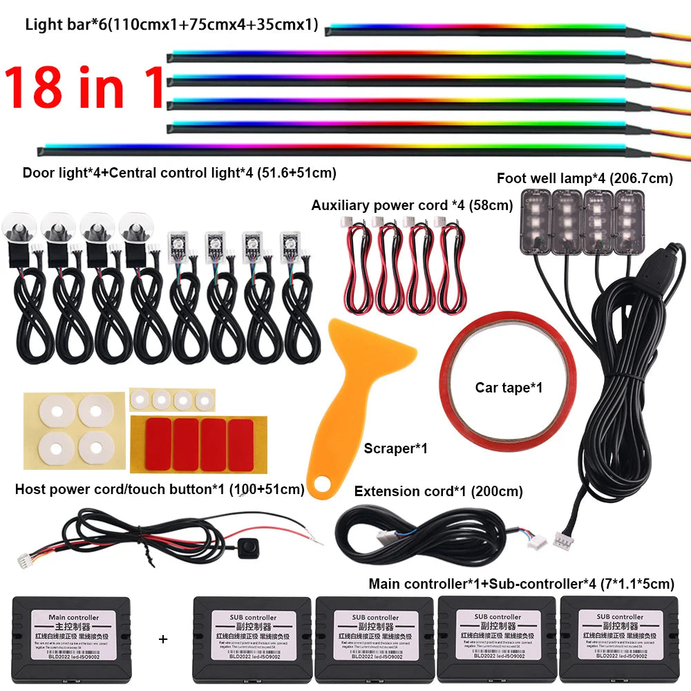 RGB Car Ambient Light Kit | App-Controlled Acrylic Fiber Optic System 18 in 1 Full color Tidesmit