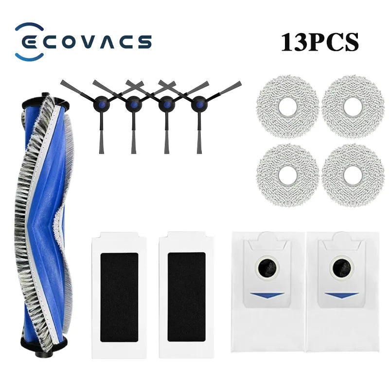 Tidesmit replacement parts set for ECOVACS T30 Pro OMNI and Yeedi M12 Pro+ including dust bags, brushes, and filters.