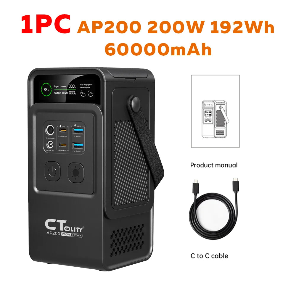 CTOLITY AP200 AP1000 Black style 200W/1800W Portable Power Station 192Wh/1024Wh 60000mAh/320000mAh LiFePO4 Battery Solar Generator UPS Function Emergency Power Supply for Camping Outdoor
