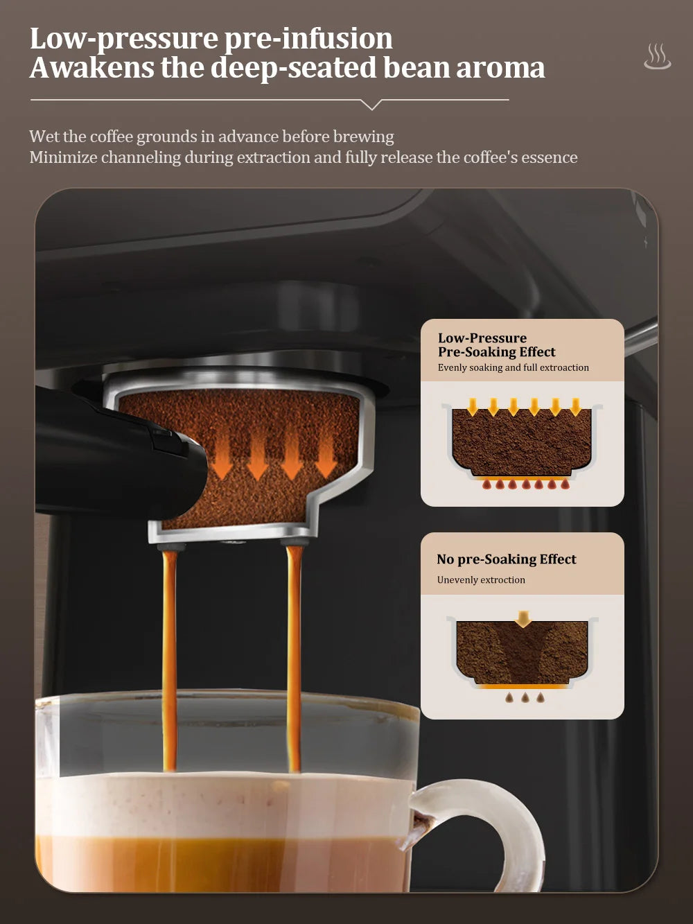 Black espresso machine showing low-pressure pre-infusion process with metal portafilter and glass coffee cup.