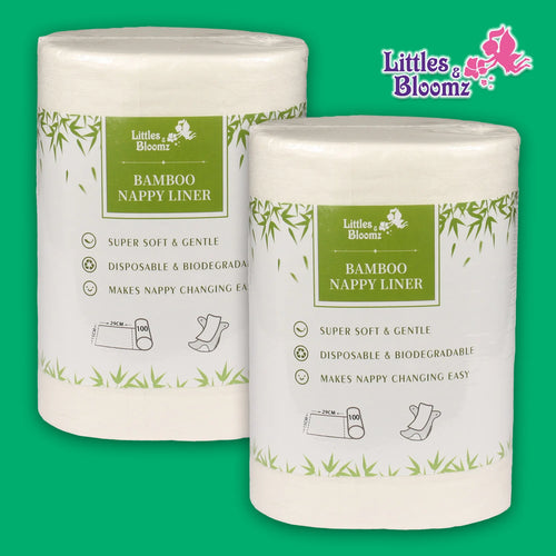 Littles & Bloomz bamboo nappy liners, 2 rolls of 100 count, disposable and biodegradable baby diaper liners.