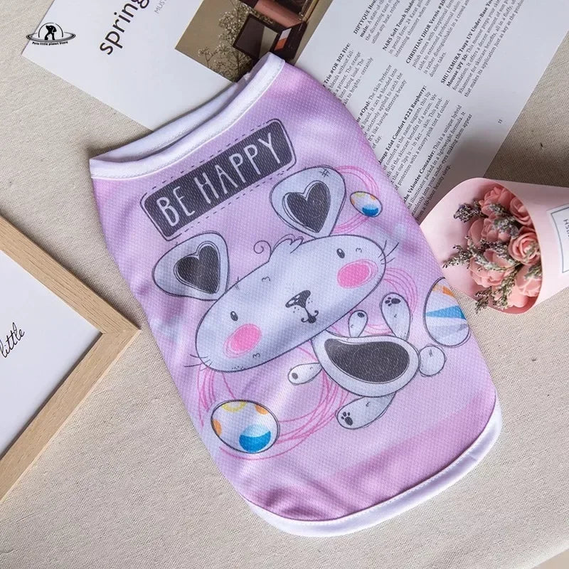 Purple summer vest for small dogs with cartoon puppy design. Breathable pet shirt for Chihuahuas and cats.