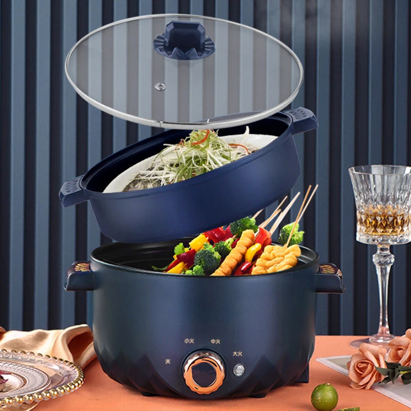 Non-stick electric hot pot multi cooker with tiered steaming insert and vented lid